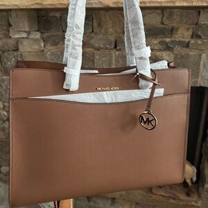 Michael Kors Cognac Saffiano Leather Tote with Gold MK Charm